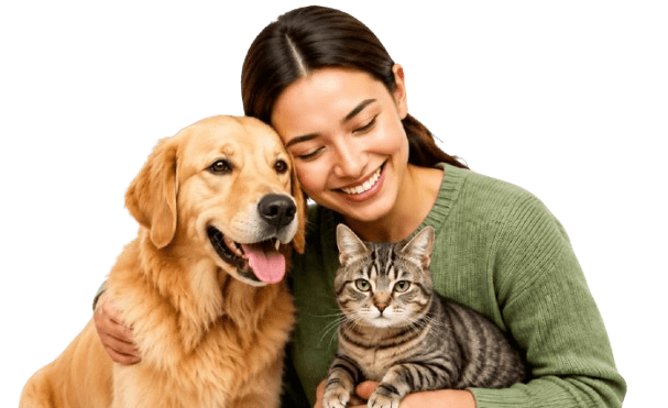 Woman with her dog and cat